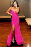 Straps Hot Pink Sequins Mermaid Long Prom Dress Evening Party Dresses HZ0509