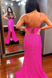 Straps Hot Pink Sequins Mermaid Long Prom Dress Evening Party Dresses HZ0509