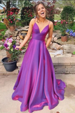 A Line Grape Spaghetti Straps Satin V Neck Long Prom Dresses Backless Evening Dresses HZ0509
