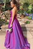 A Line Grape Spaghetti Straps Satin V Neck Long Prom Dresses Backless Evening Dresses HZ0509