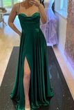 Elegant Green Satin Long Prom Dress with High Slit Formal Graduation Evening Dress HZ0509