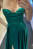 Elegant Green Satin Long Prom Dress with High Slit Formal Graduation Evening Dress HZ0509
