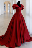 Burgundy Off Shoulder Satin Long Prom Evening Dress HZ0509