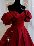 Burgundy Off Shoulder Satin Long Prom Evening Dress HZ0509