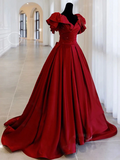 Burgundy Off Shoulder Satin Long Prom Evening Dress HZ0509