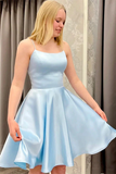 Short Backless Sky Blue Satin Prom Dresses, Light Blue Open Back Satin Formal Graduation Dresses HZ0509