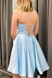 Short Backless Sky Blue Satin Prom Dresses, Light Blue Open Back Satin Formal Graduation Dresses HZ0509