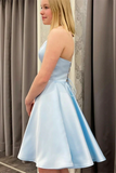 Short Backless Sky Blue Satin Prom Dresses, Light Blue Open Back Satin Formal Graduation Dresses HZ0509