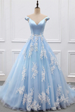 Chic A line V neck Light Sky Blue Tulle Applique Modest Prom Dress Evening Dress HZ0509