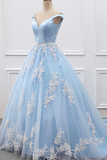 Chic A line V neck Light Sky Blue Tulle Applique Modest Prom Dress Evening Dress HZ0509