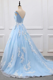Chic A line V neck Light Sky Blue Tulle Applique Modest Prom Dress Evening Dress HZ0509
