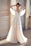 Ivory V Neck Beach Wedding Dresses with Lace Appliques HZ0509