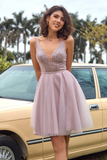 V Neck Open Back Grey Sequin Short Prom Homcoming Dress HZ0509