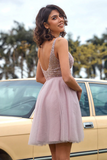 V Neck Open Back Grey Sequin Short Prom Homcoming Dress HZ0509