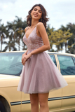 V Neck Open Back Grey Sequin Short Prom Homcoming Dress HZ0509
