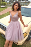 V Neck Open Back Grey Sequin Short Prom Homcoming Dress HZ0509
