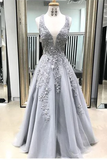 Chic A line Straps Lace Prom Dresses Silver Applique Long Prom Dress Evening Dress HZ0509