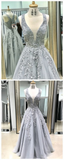 Chic A line Straps Lace Prom Dresses Silver Applique Long Prom Dress Evening Dress HZ0509