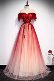 Burgundy Off The Shoulder Tulle Long Lace Up Formal Prom Dresses Party Dresses HZ0509