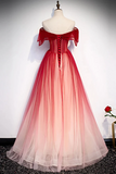 Burgundy Off The Shoulder Tulle Long Lace Up Formal Prom Dresses Party Dresses HZ0509