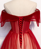 Burgundy Off The Shoulder Tulle Long Lace Up Formal Prom Dresses Party Dresses HZ0509