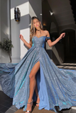 A line Prom Dresses With Slit Sparkly Sweetheart Evening Gowns HZ0509