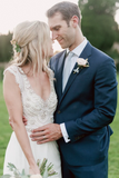 Romantic Wedding Dresses Modest Deep V neck Straps Modest Beach Open Back Bridal Gowns HZ0509