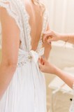 Romantic Wedding Dresses Modest Deep V neck Straps Modest Beach Open Back Bridal Gowns HZ0509