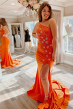 Elegant One Shoulder Lace Up Mermaid Beaded Stars Polyester Prom Dress With Slit HZ0509