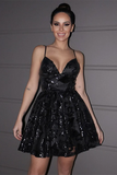 A Line Black Lace Ruffles Spaghetti Straps V Neck Short Mini Homecoming Dresses HZ0509
