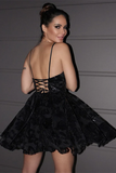 A Line Black Lace Ruffles Spaghetti Straps V Neck Short Mini Homecoming Dresses HZ0509