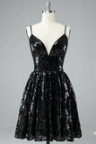 A Line Black Lace Ruffles Spaghetti Straps V Neck Short Mini Homecoming Dresses HZ0509