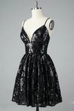 A Line Black Lace Ruffles Spaghetti Straps V Neck Short Mini Homecoming Dresses HZ0509