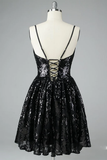 A Line Black Lace Ruffles Spaghetti Straps V Neck Short Mini Homecoming Dresses HZ0509