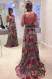 Fabulous Scoop A line Lace Rose Floral Embroidery Long Prom Dresses HZ0509
