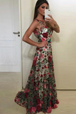 Fabulous Scoop A line Lace Rose Floral Embroidery Long Prom Dresses HZ0509