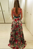 Fabulous Scoop A line Lace Rose Floral Embroidery Long Prom Dresses HZ0509