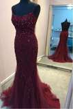 Straps Mermaid Burgundy Beaded Long Prom Dress Evening Dress HZ0509