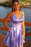 Lavender Satin A line Spaghetti Straps Homecoming Dresses With Pocket HZ0509