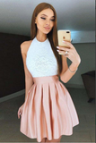 Pink Pleated Lace Bodice High Neck Backless Short Homecoming Dresses HZ0509