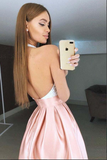 Pink Pleated Lace Bodice High Neck Backless Short Homecoming Dresses HZ0509