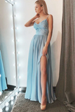 Simple A Line Spaghetti Straps Blue Chiffon Long Prom Dresses with Slit HZ0509
