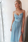 Simple A Line Spaghetti Straps Blue Chiffon Long Prom Dresses with Slit HZ0509