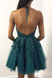Halter Neck Short Emerald Green Lace Prom Dresses Homecoming Dresses HZ0509