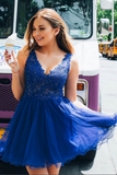 Royal Blue Tulle A line V neck Beaded Homecoming Dress With Appliques HZ0509