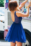 Royal Blue Tulle A line V neck Beaded Homecoming Dress With Appliques HZ0509
