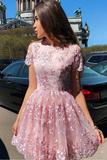 A Line Short Sleeve Lace Short Prom Dress Short Homecoming Dress HZ0509