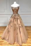 Spaghetti Straps Champagne Lace Tulle Long Prom Dress HZ0509