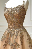 Spaghetti Straps Champagne Lace Tulle Long Prom Dress HZ0509