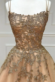 Spaghetti Straps Champagne Lace Tulle Long Prom Dress HZ0509